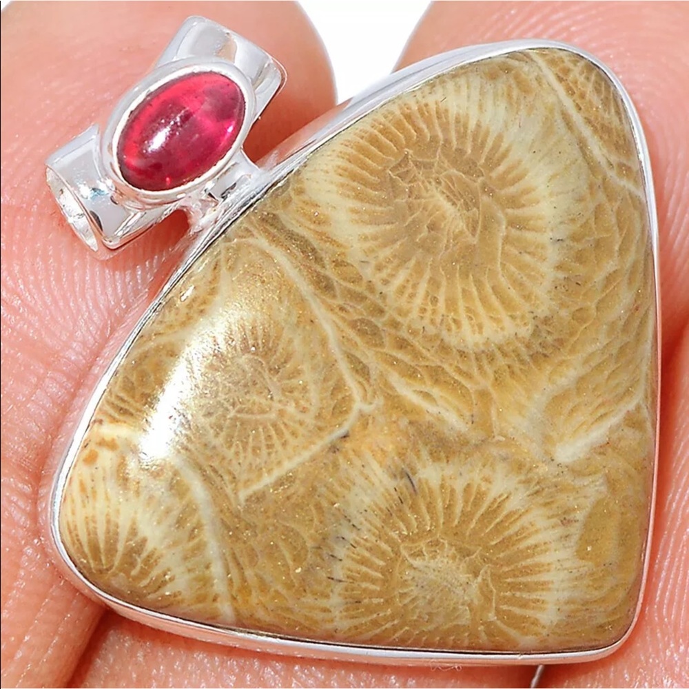 Polished Fossil Coral Pendant with Pink Accent Stone